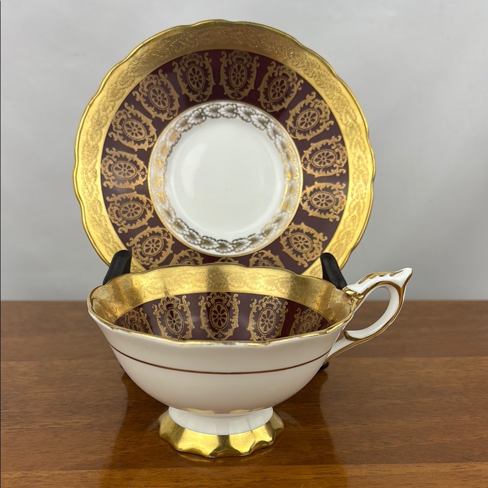 Vintage Royal Standard bone China burgundy gold guilded Teacup and Saucer